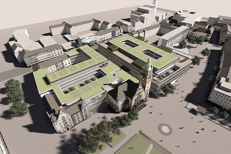 Blick von obeb auf die Gebäude des künftigen Rathauses