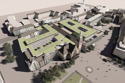 Blick von obeb auf die Gebäude des künftigen Rathauses